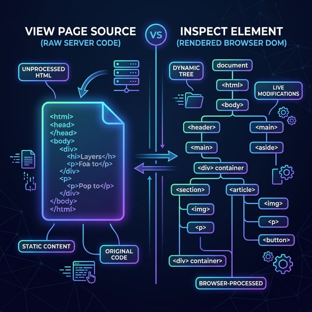 View Page Source vs Inspect Element Comparison Diagram