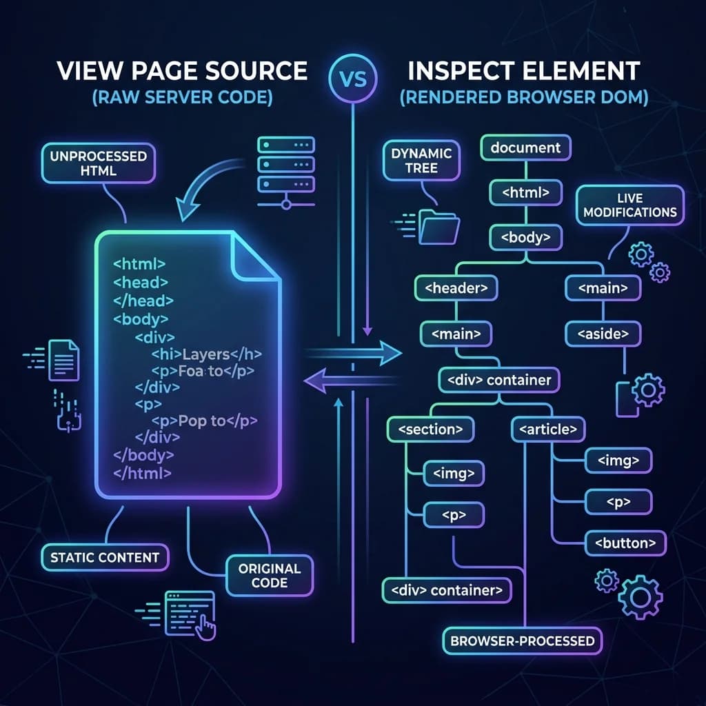 View Page Source vs Inspect Element Comparison Diagram