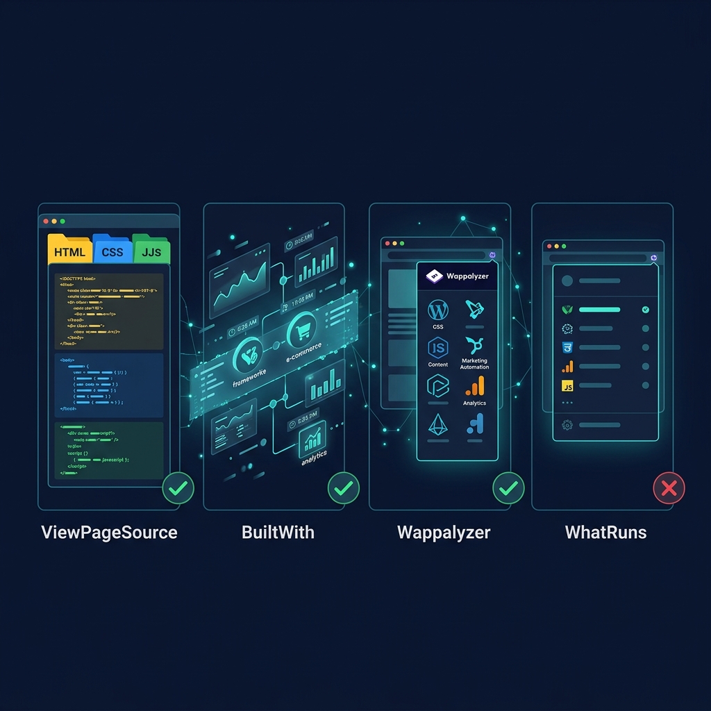 Comparison of competitor tech detection tools — ViewPageSource vs BuiltWith vs Wappalyzer vs WhatRuns