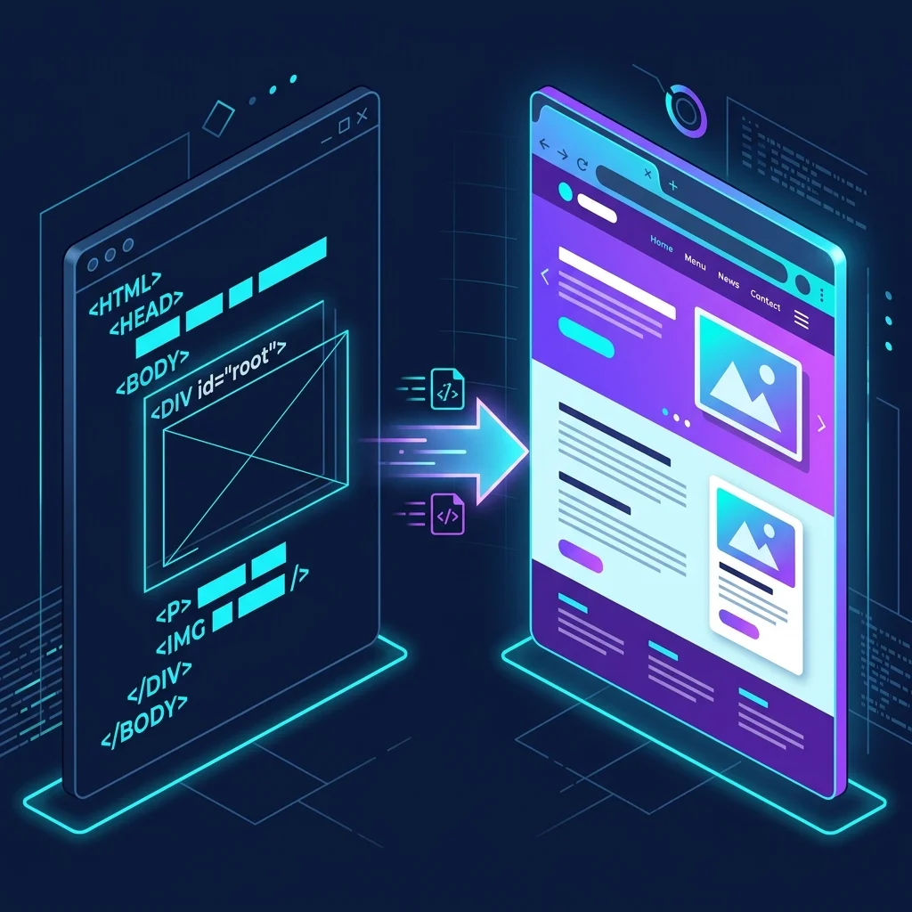 Raw HTML vs Rendered DOM Concept Illustration